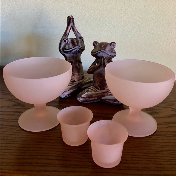 VINTAGE COTTON CANDY PINK FROSTED SATIN 4 pc SET 2 5”x 4” COMPOTE & 2 VOTIVES - Picture 2 of 16